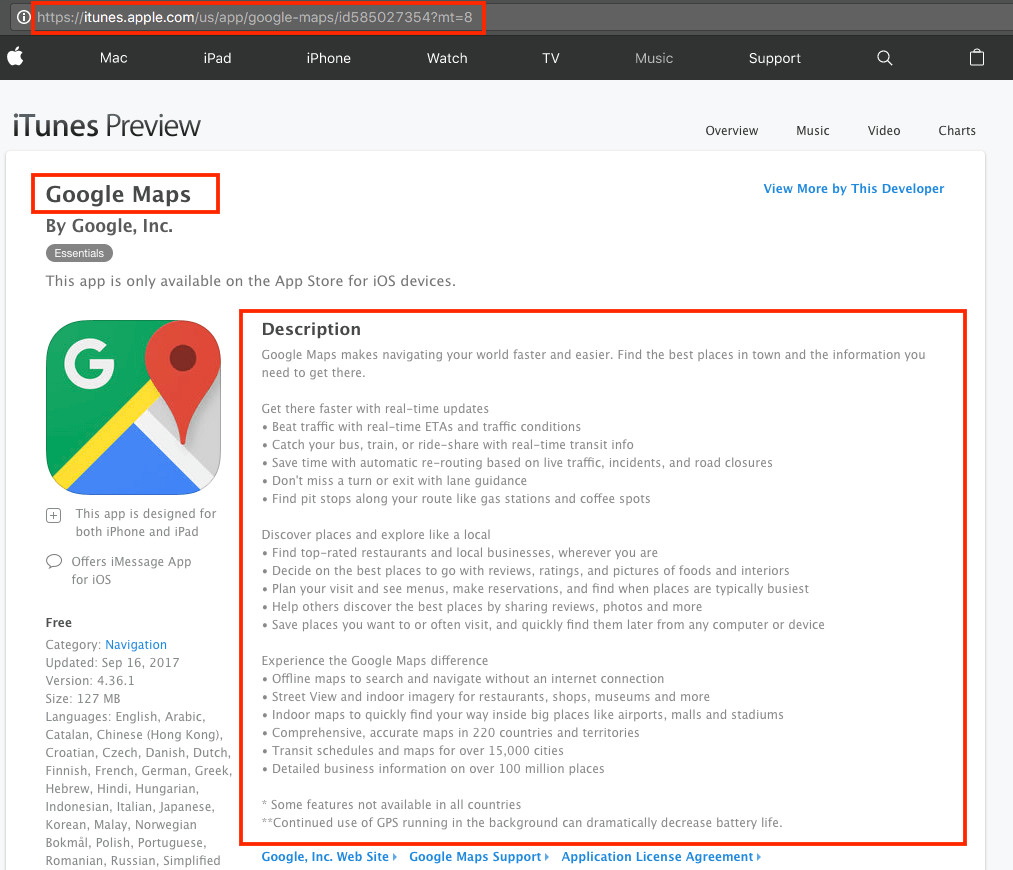 App Store Google maps product page