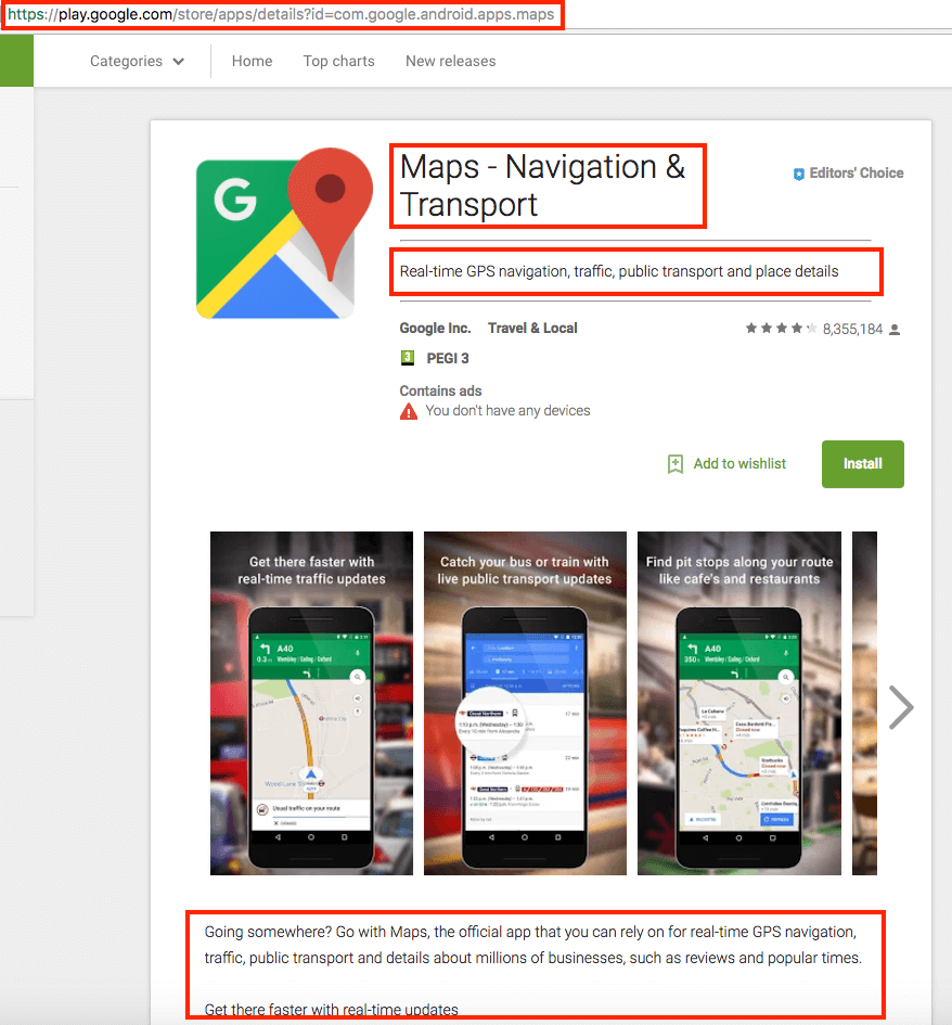 Google Play maps app listing